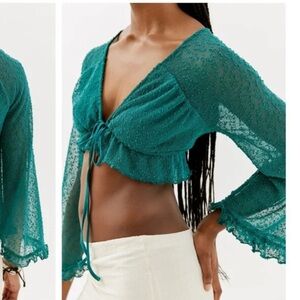 Urban Outfitters Sweater  Med Cropped Cardigan Ruffle Tie Front Knit Bell Sleeve